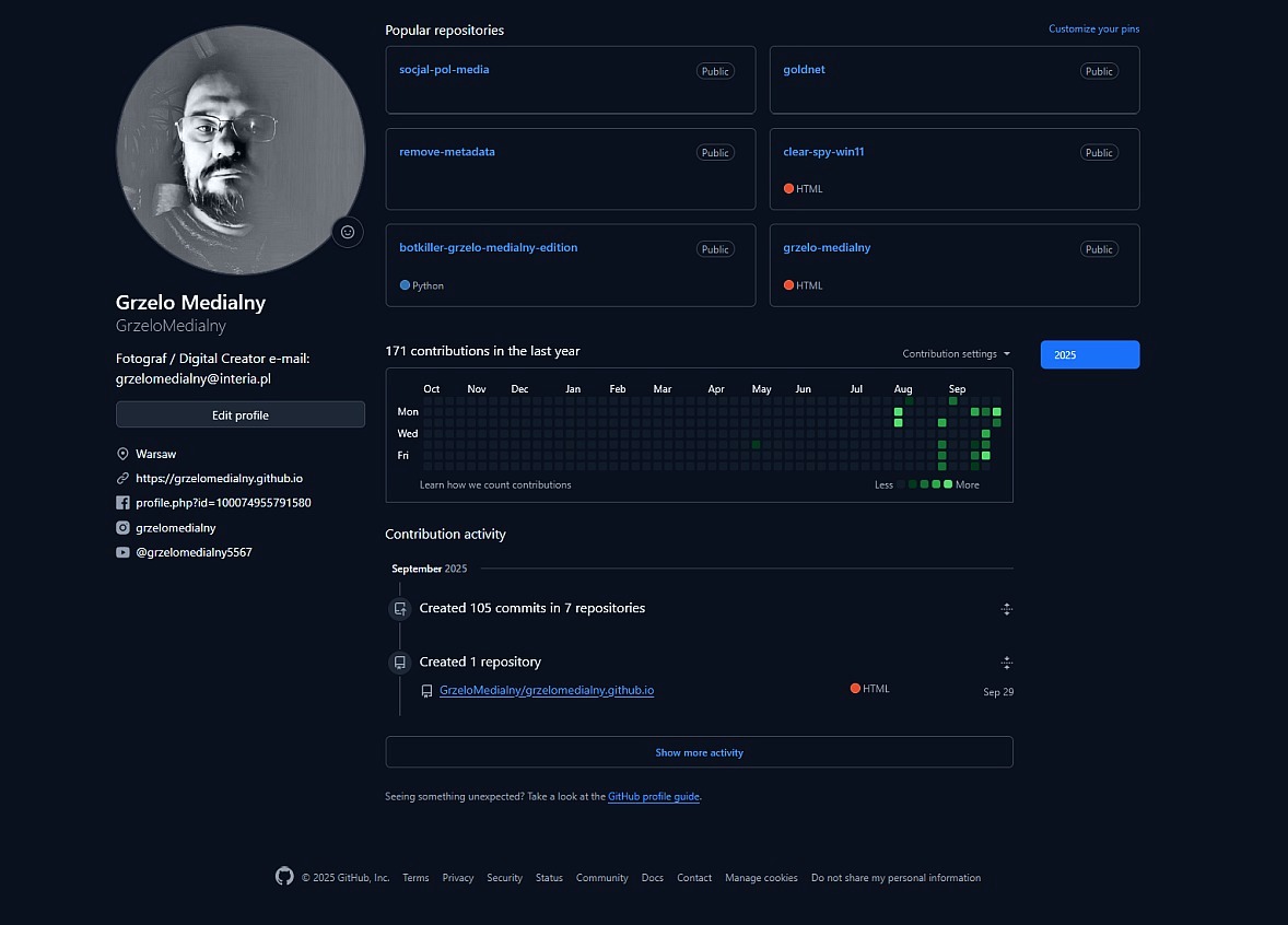Screenshot mojego profilu GitHub - GrzeloMedialny